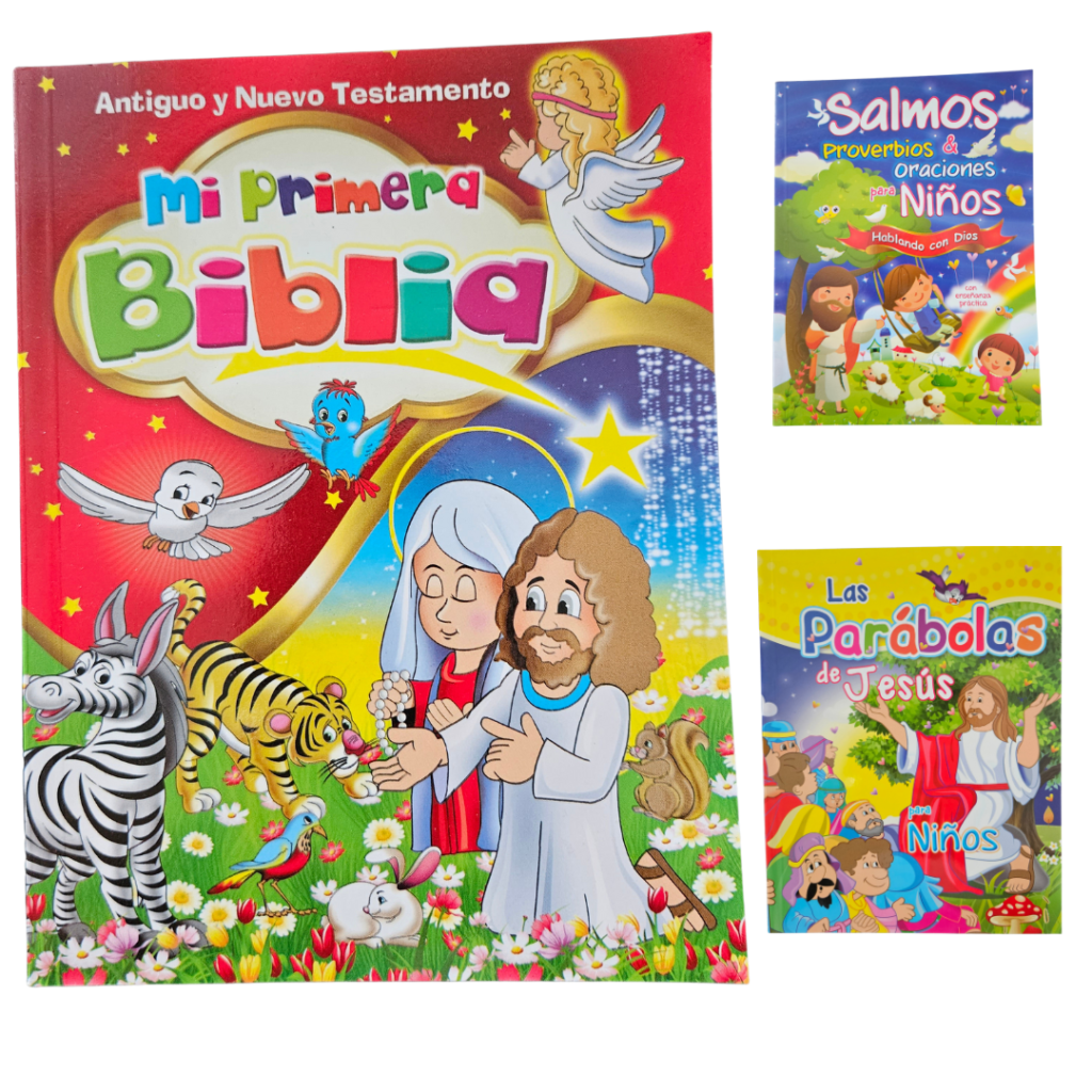 Biblias infantiles.  Mi primera Biblia, Salmos, proverbios y oraciones para niños, Las parábolas de Jesús.