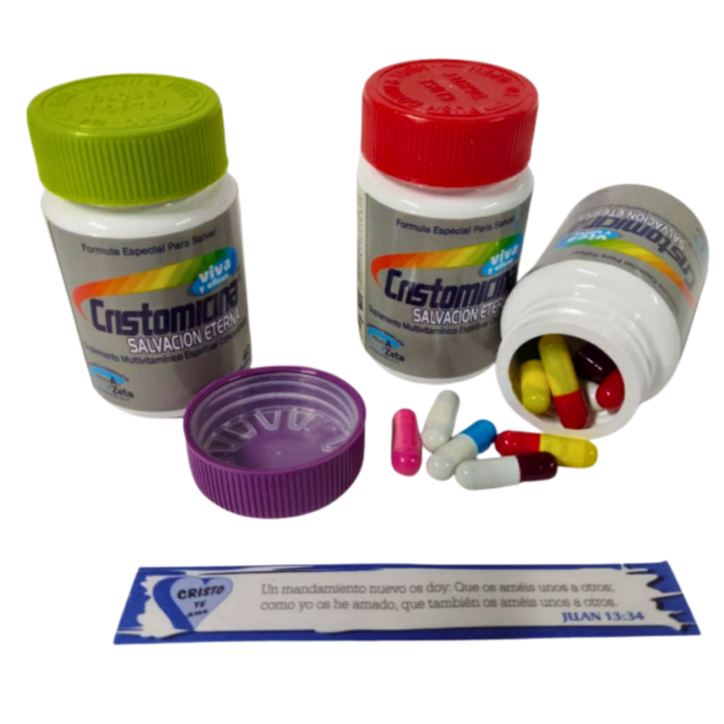 Cristomicina, encuentre vitaminas espirituales diarias. Frasco con 40 cápsulas con un versículo bíblico cada una.