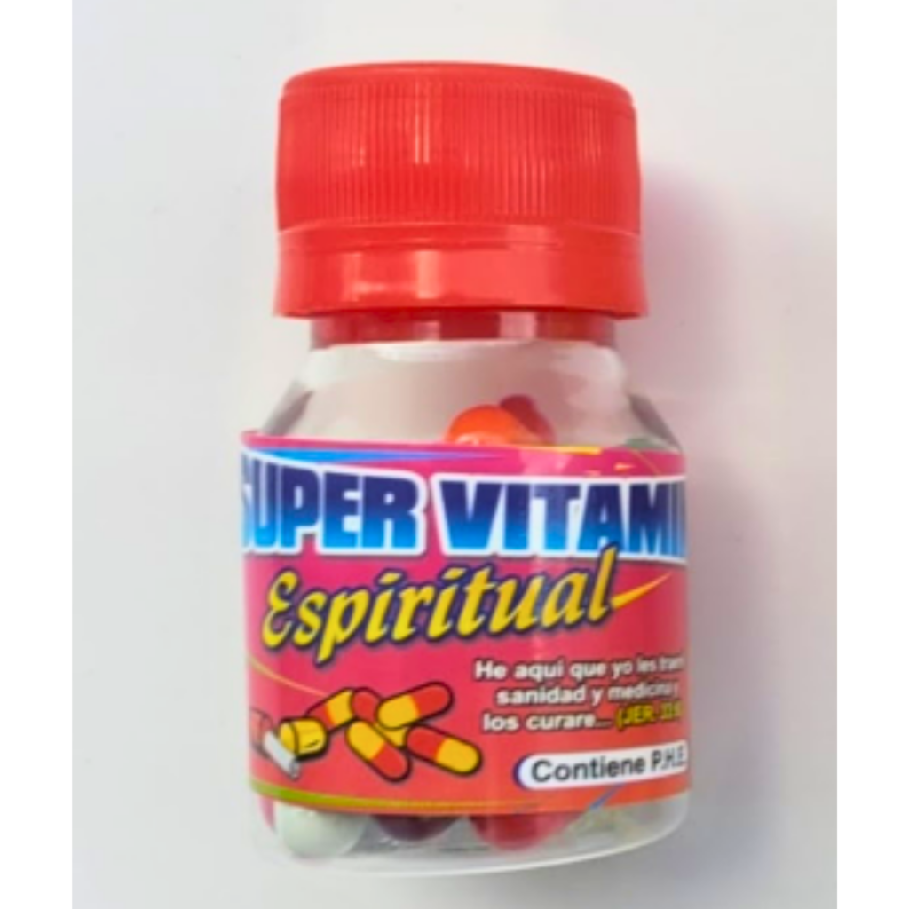 Vitaminas espirituales diarias, Frasco con 18 cápsulas con un versículo bíblico cada una.